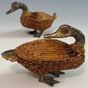 Italian Gilt Bronze Duck Sculptures with Natural African Brown Beads, 1960 VTG